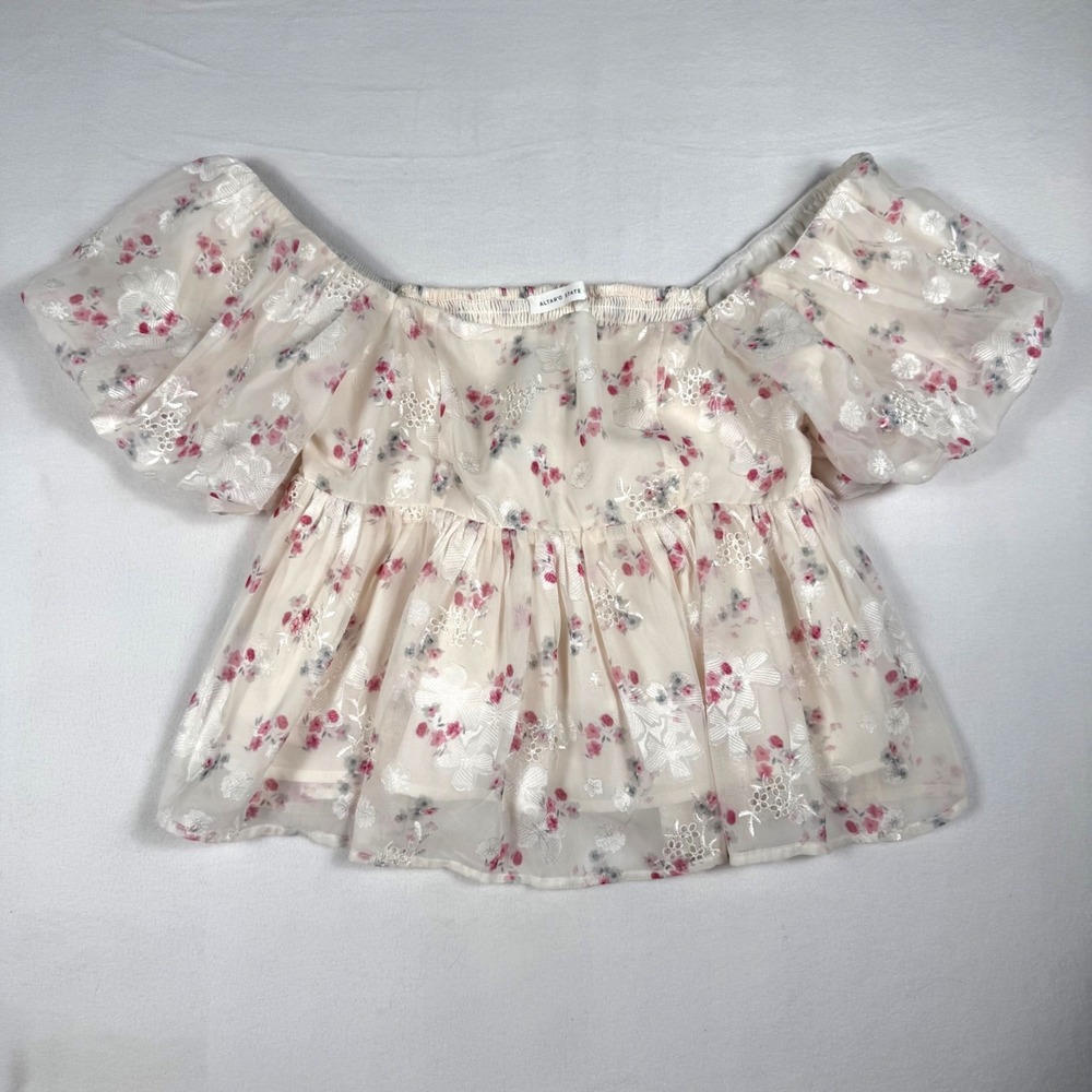 Altar'd State Floral Embroidered Puff Sleeve Top M Ivory Pink Cottagecore Peplum